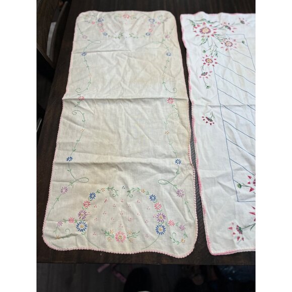 Handmade Vintage Floral Embroidered Linen Table Runners Set 17" x 39" & 16" x 38 - Picture 2 of 7